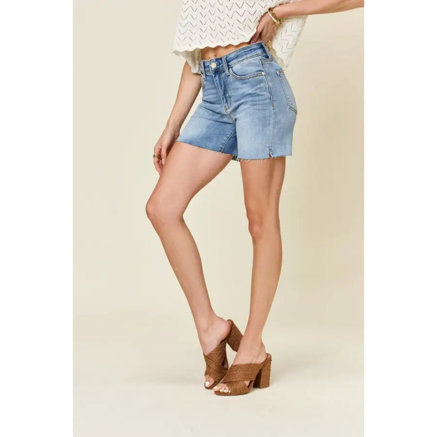 Full Size High Waist Raw Hem Denim Shorts