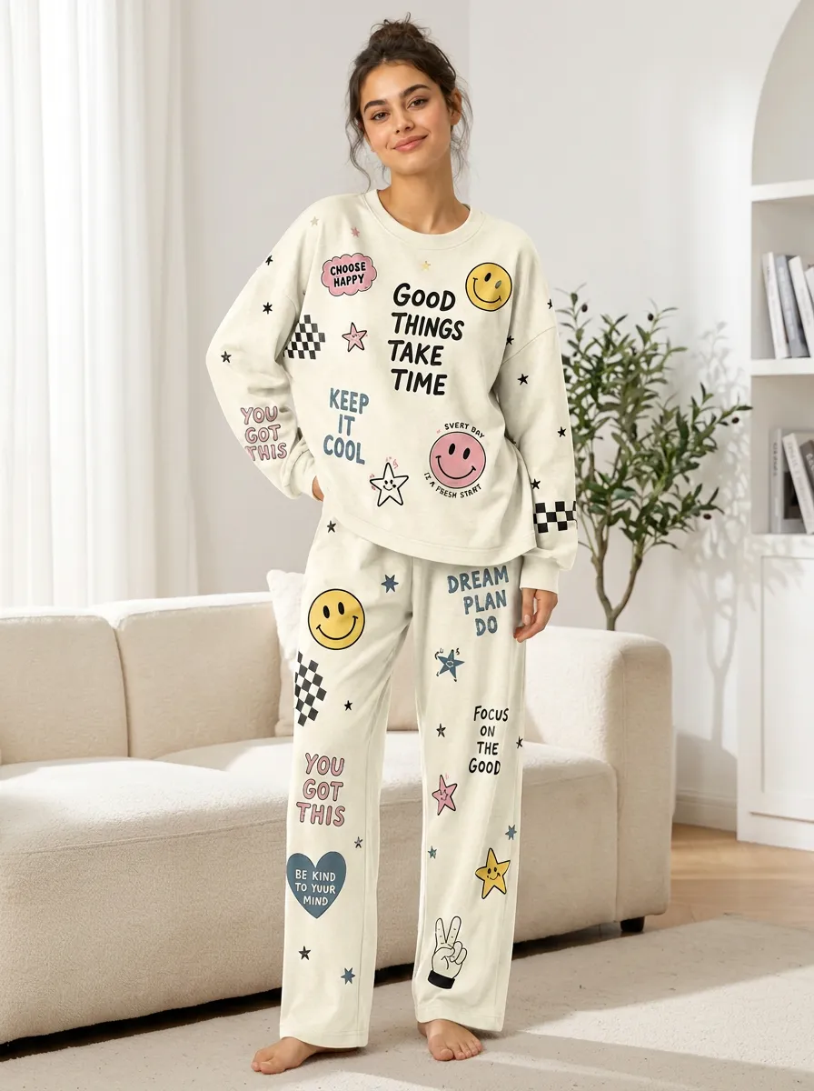 Women's Smiley Checkerboard Loungewear Set with Wide-Leg Pants