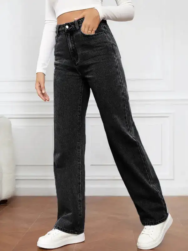 Refined High-Waist Washed Pocketed Straight Leg Jeans