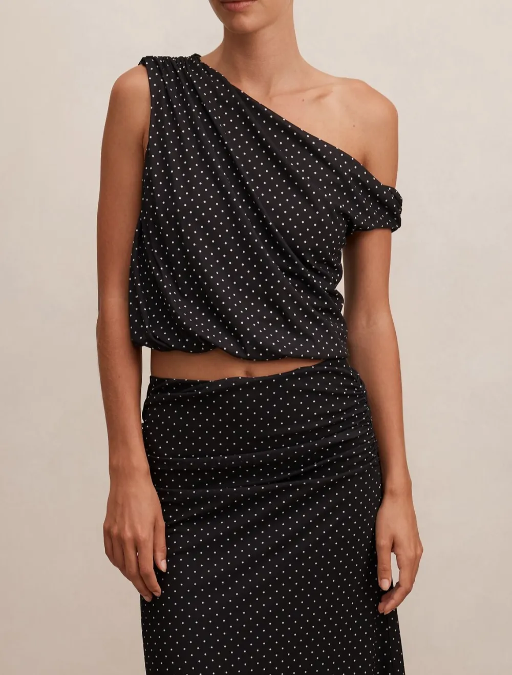 Black Polka Dot One-Shoulder Drape Top