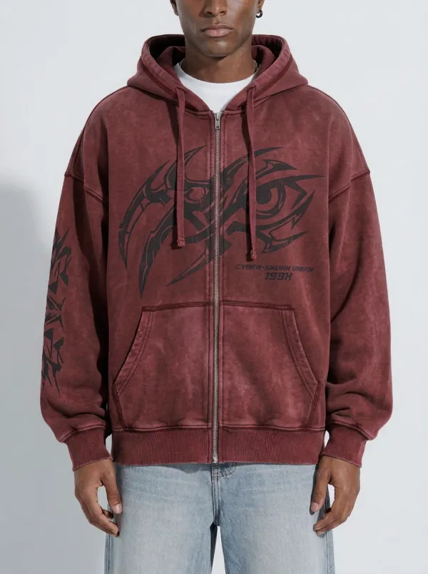 Men's Streetwear Cyber Tribal Eye Graphic Printed Zip-up Hoodie