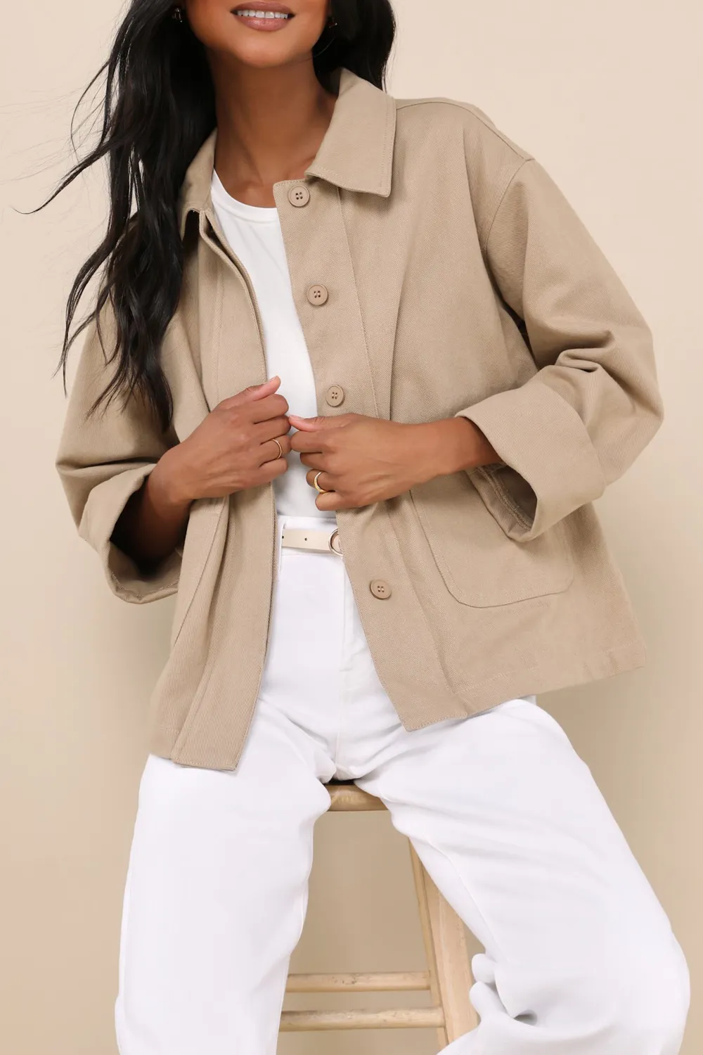 Casual Style Taupe Twill Cotton Chore Jacket
