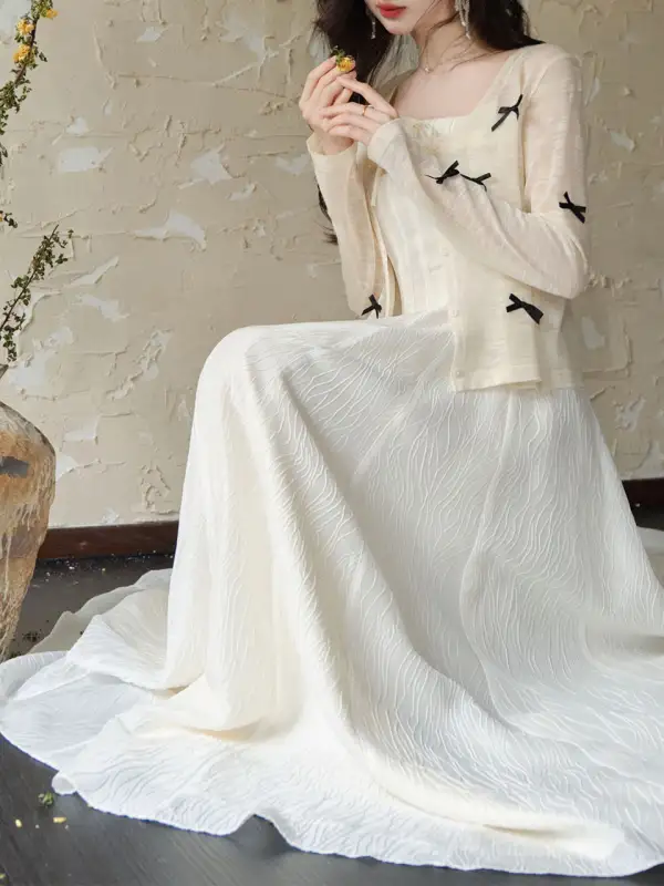 Bow Ruffle Jacquard Romantic Maxi Dress