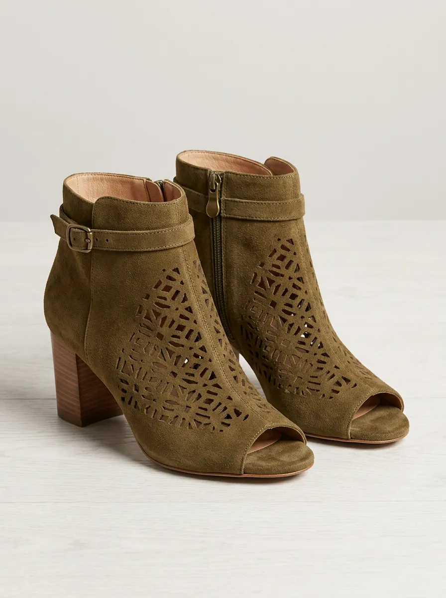 Laser-Cut Geometric Women's Peep-Toe Ankle Boots
