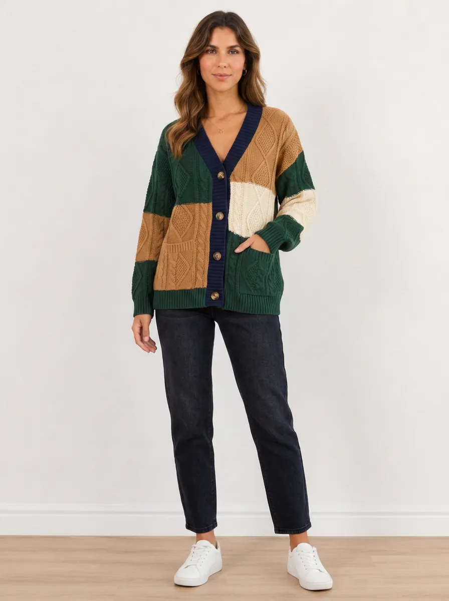 Women's Patchwork Cable Knit Cardigan Button-Front