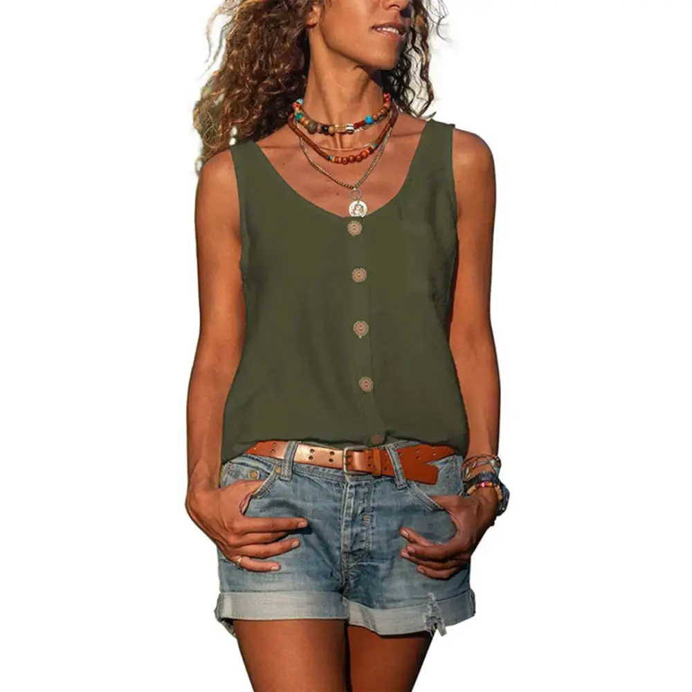  Casual Sleeveless Button Front Tank Top