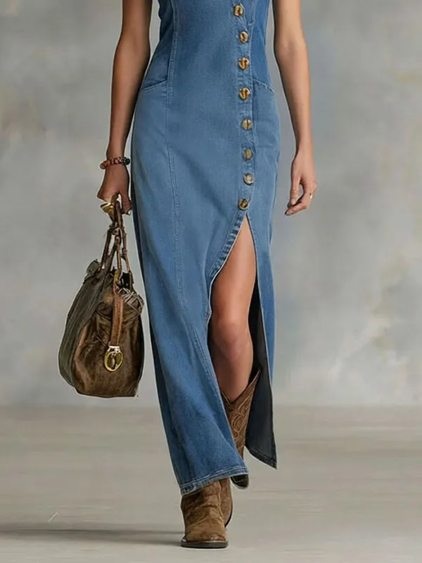 Button Front Sleeveless Denim Maxi Dress