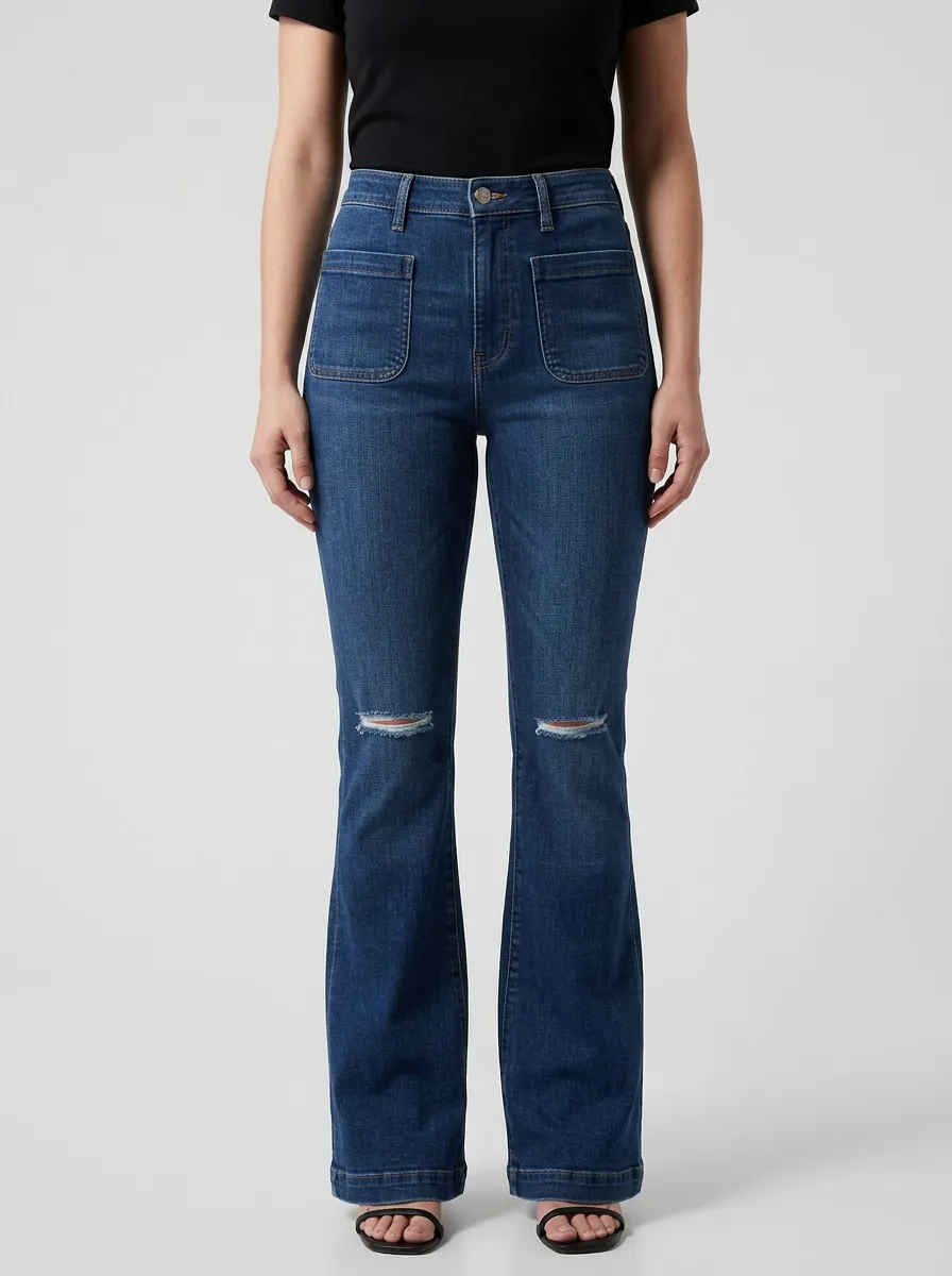 Women's High-Rise Square Patch-Pocket Topstitched Flare Jeans