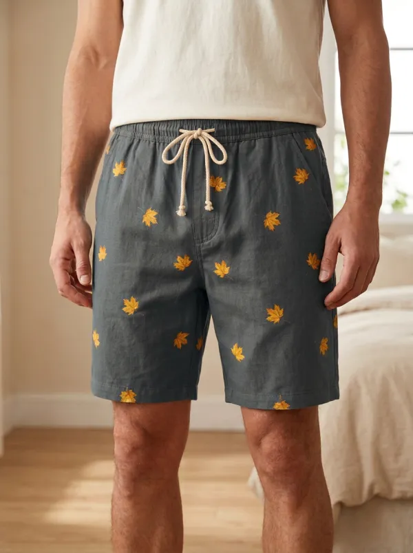 Maple Leaf Print Drawstring Brown Shorts
