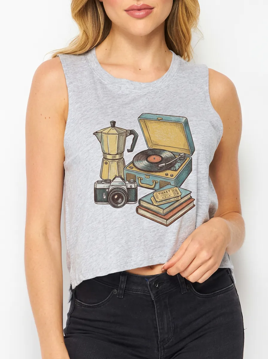 Women's Retro Hobby Lover Camera Record Player Printed Tank Top