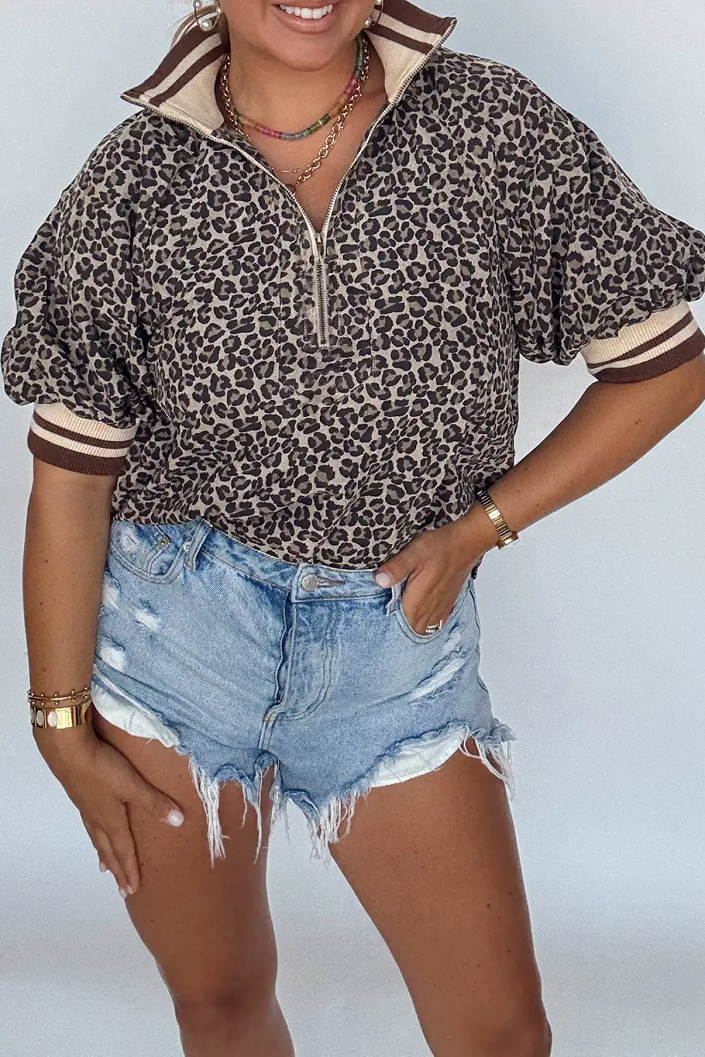 Leopard Print Half Zip Striped Trim Patchwork Short Sleeve Top