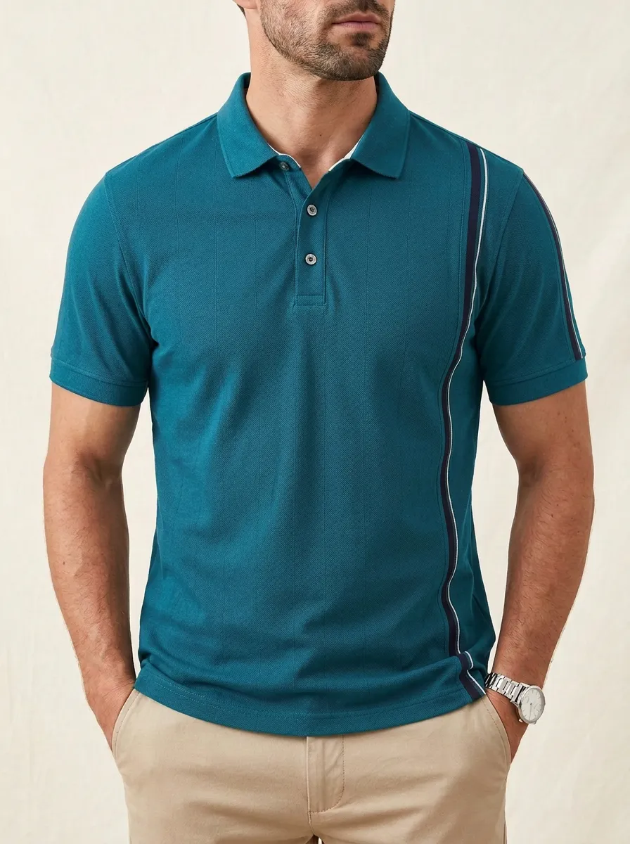 Men's Casual Vertical Stripe Side Panel Printed Polo Shirt