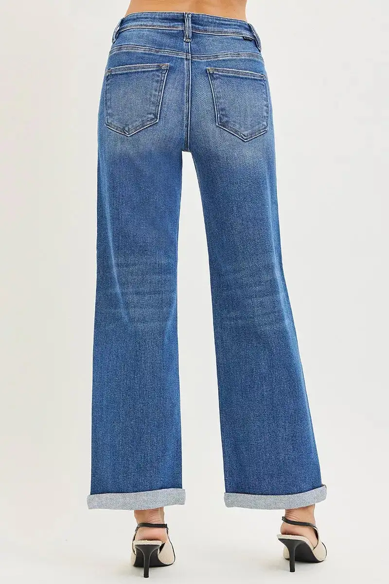High Rise Cuffed Hem Straight Leg Jeans