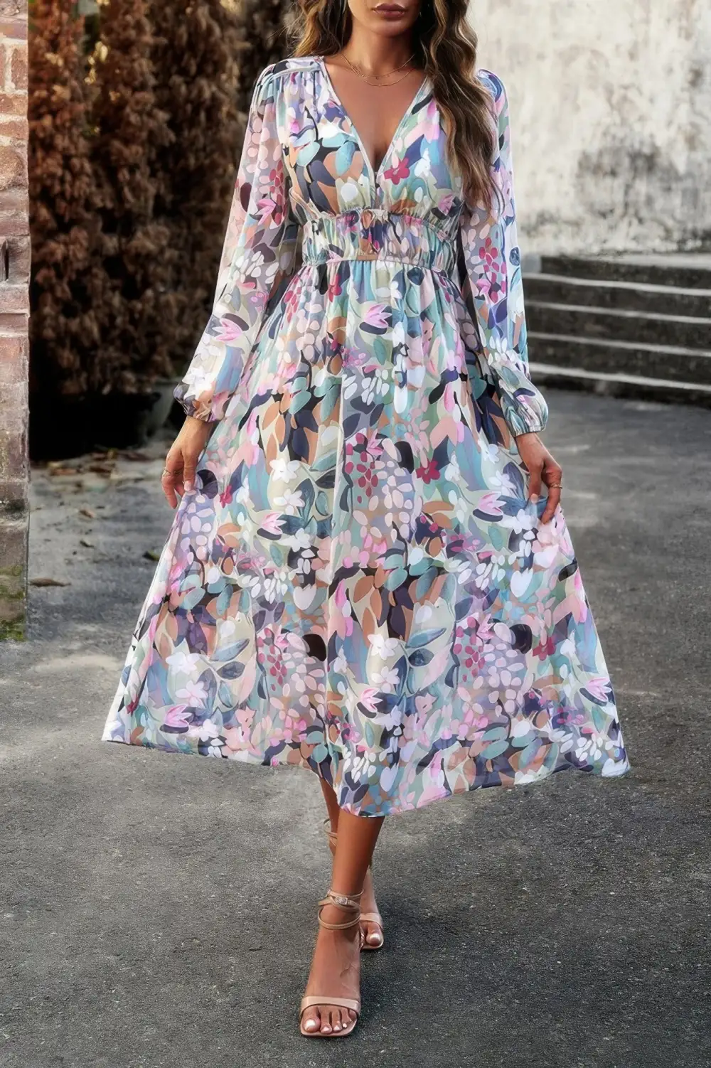 Boho V Neck Flared High Waist Long Sleeve Dress