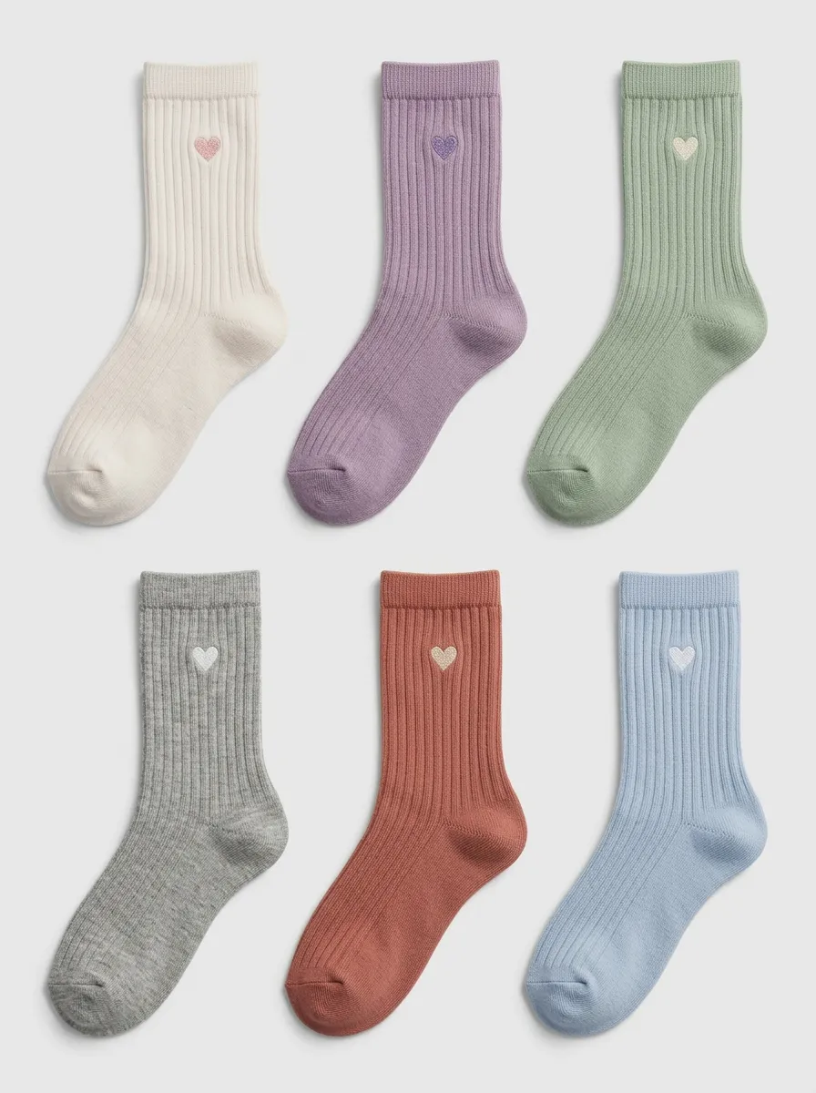 Women's Multicolor Heart Embroidered Ribbed Crew Muted Tone Socks 6-Pack
