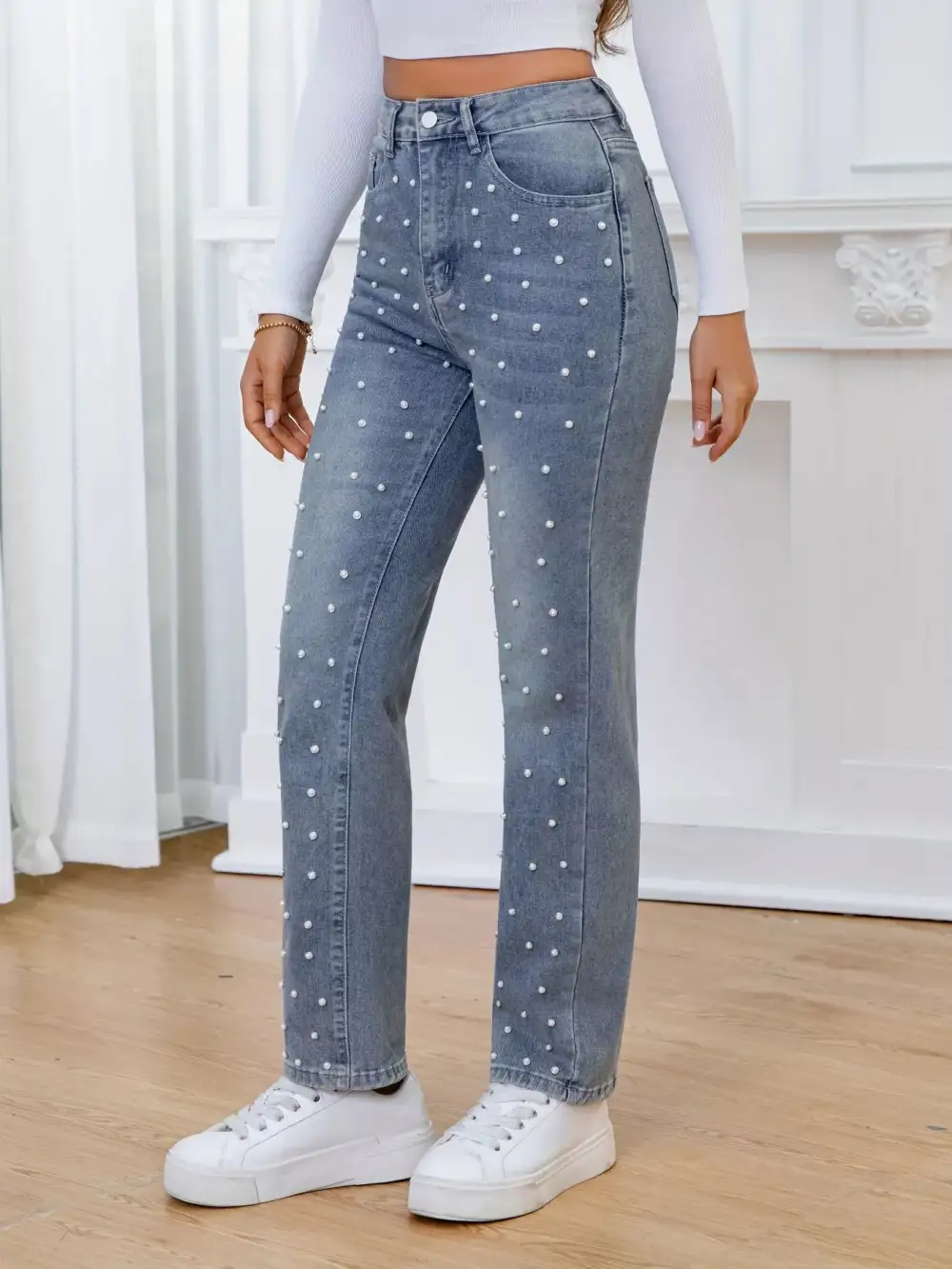 Denim High Rise Straight Leg Pocketed Jeans