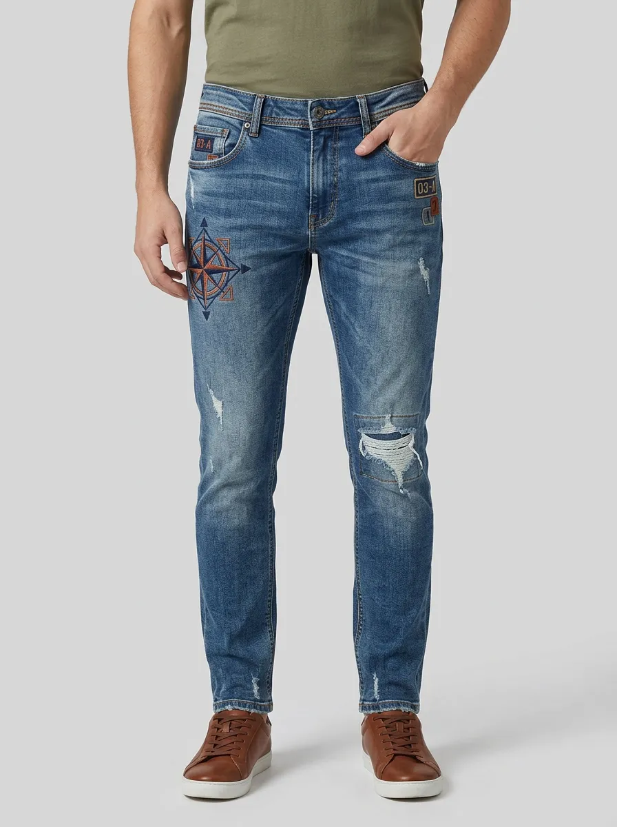 Men's Compass Embroidery Distressed Printed Slim-Fit Jeans