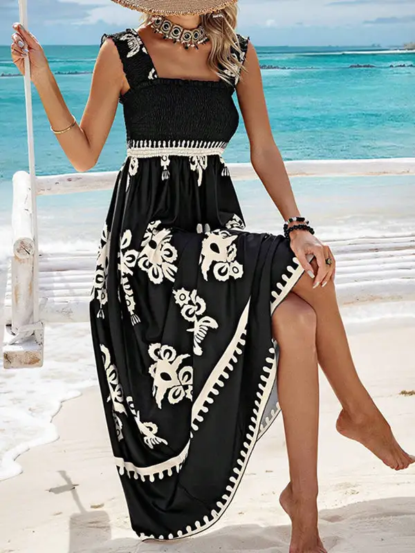 Loose Pleated Printed Neck Maxi Dress