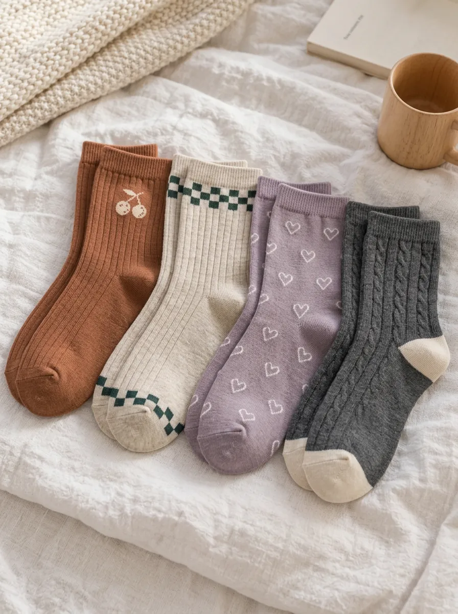 Women's Aesthetic Cherry Checkerboard Heart Printed Socks Set