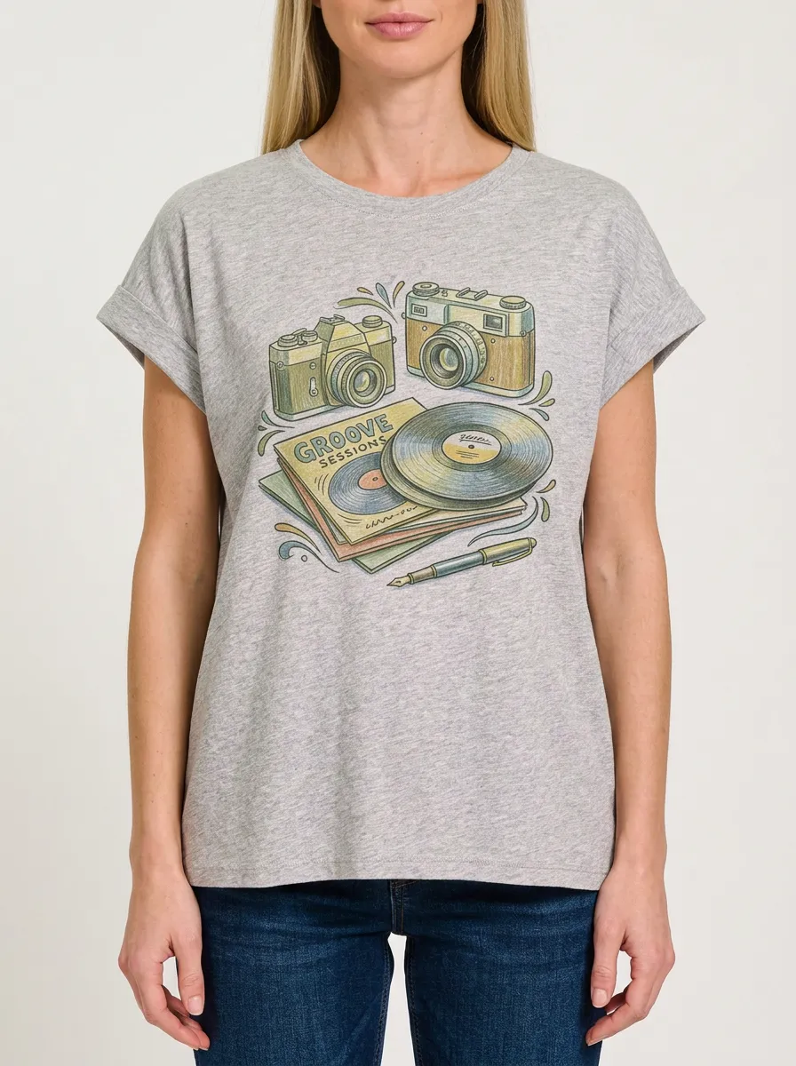 Women's Photography Music Camera Vinyl Record Graphic T-Shirt
