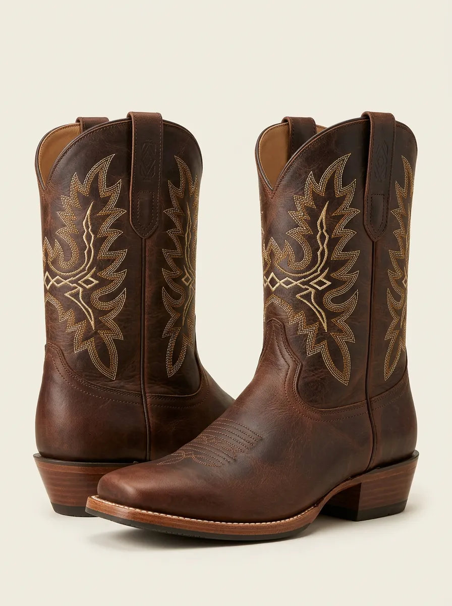 Men's Red Leather Cowboy Boots with Rugged Look