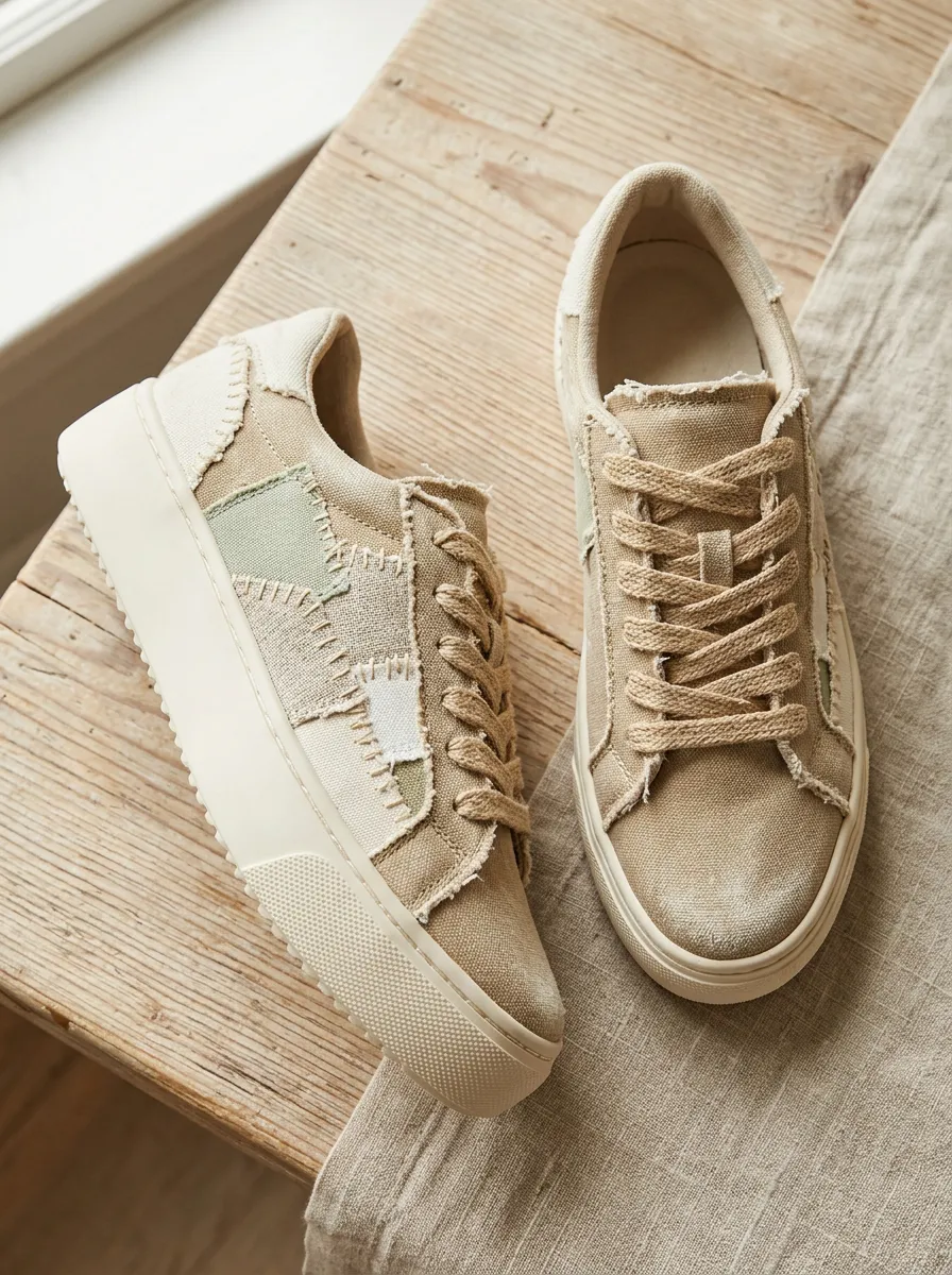 Women's Boho Patchwork Beige Canvas Printed Sneakers