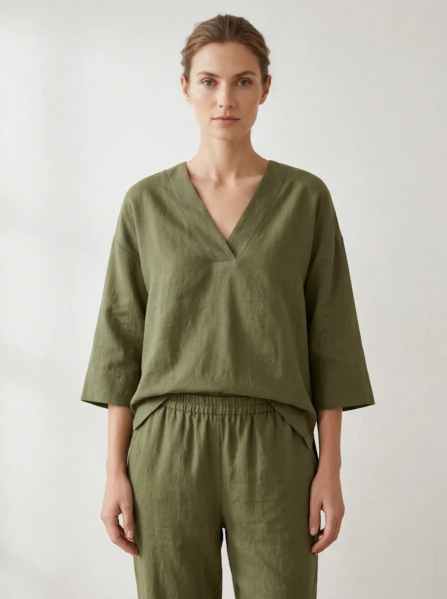 Short-Sleeve Linen-Blend Women's V-Neck Shirt