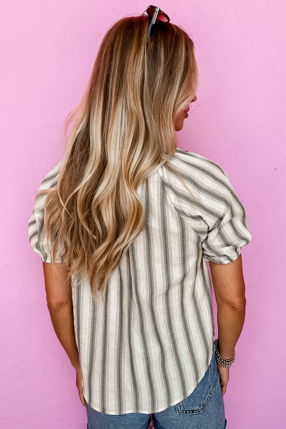 Women's Striped Short Sleeve Tie Neck Top