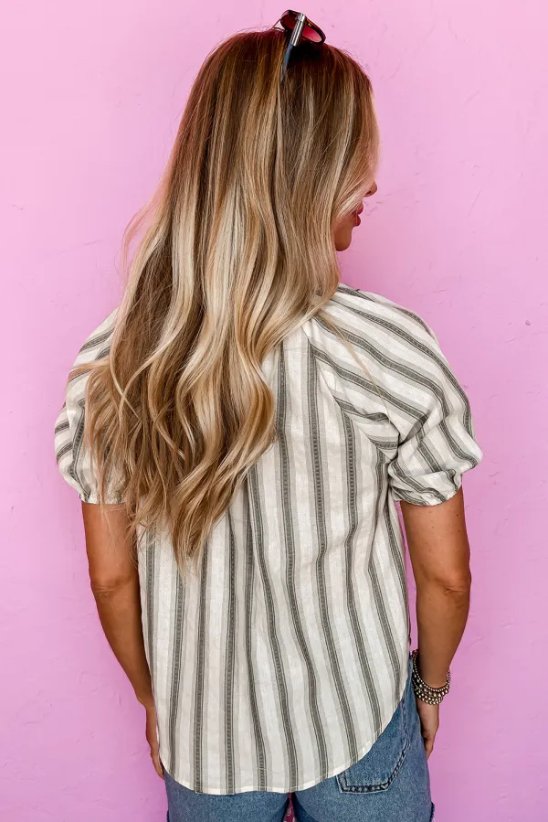 Women's Striped Short Sleeve Tie Neck Top