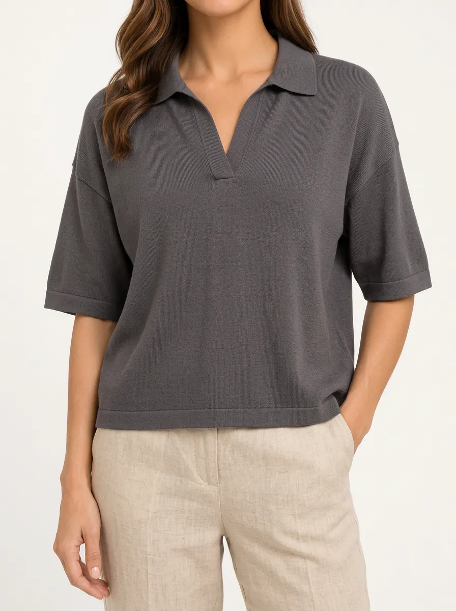 Women's Grey Knit Polo with a Clean V Neck Finish