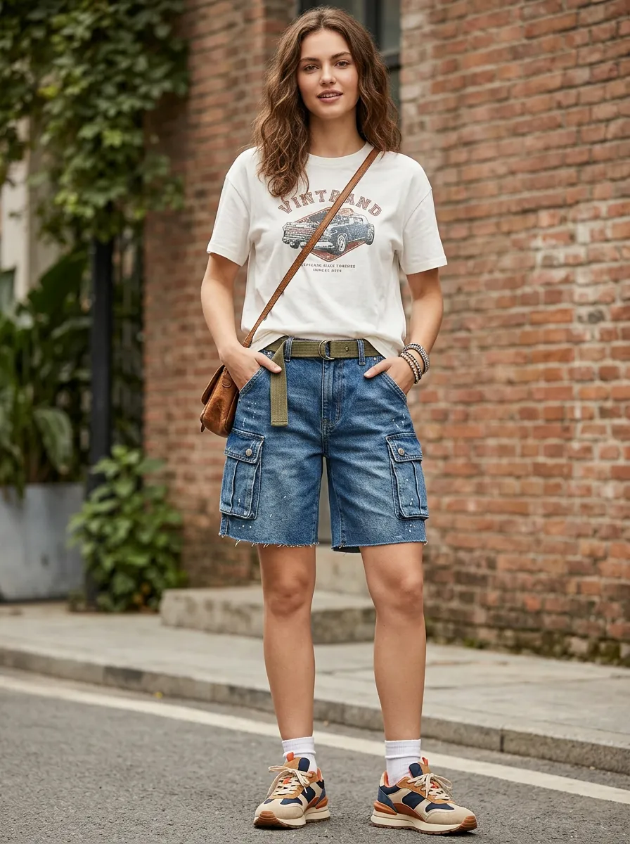 Women's Casual Mid-Rise Utility-Pocket Five-Pocket Denim Cargo Shorts