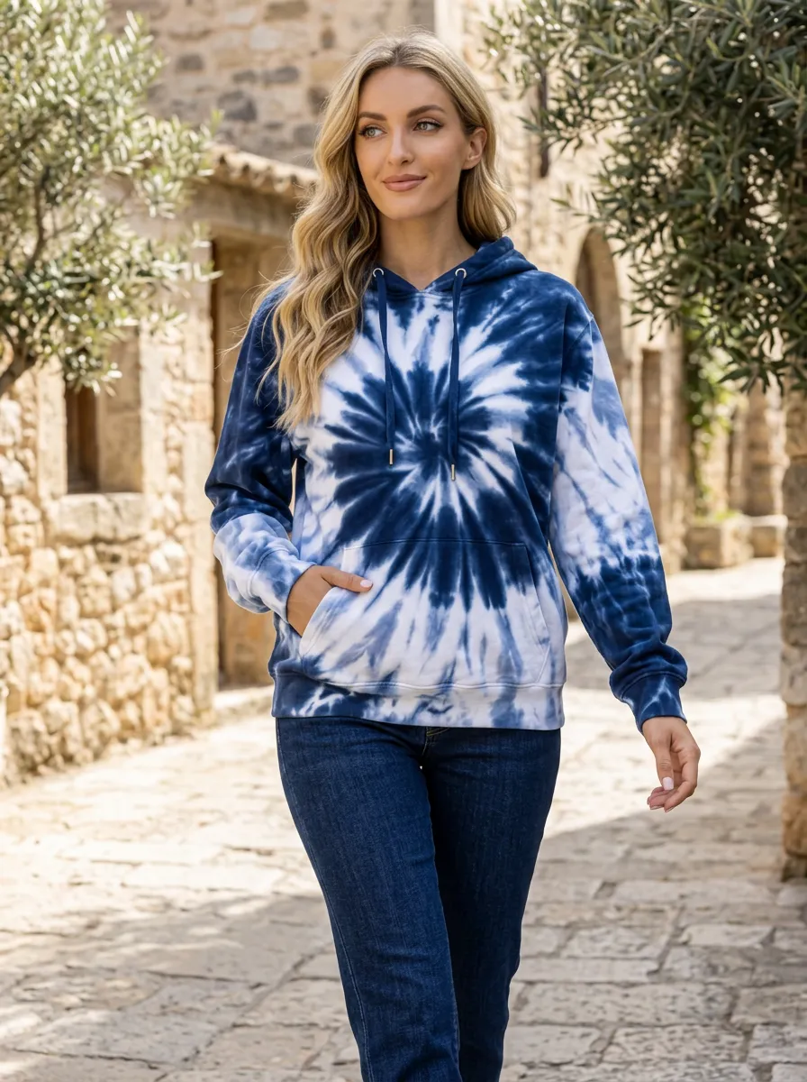 Women's Everyday Pullover Hoodie with Spiral Tie-Dye Print