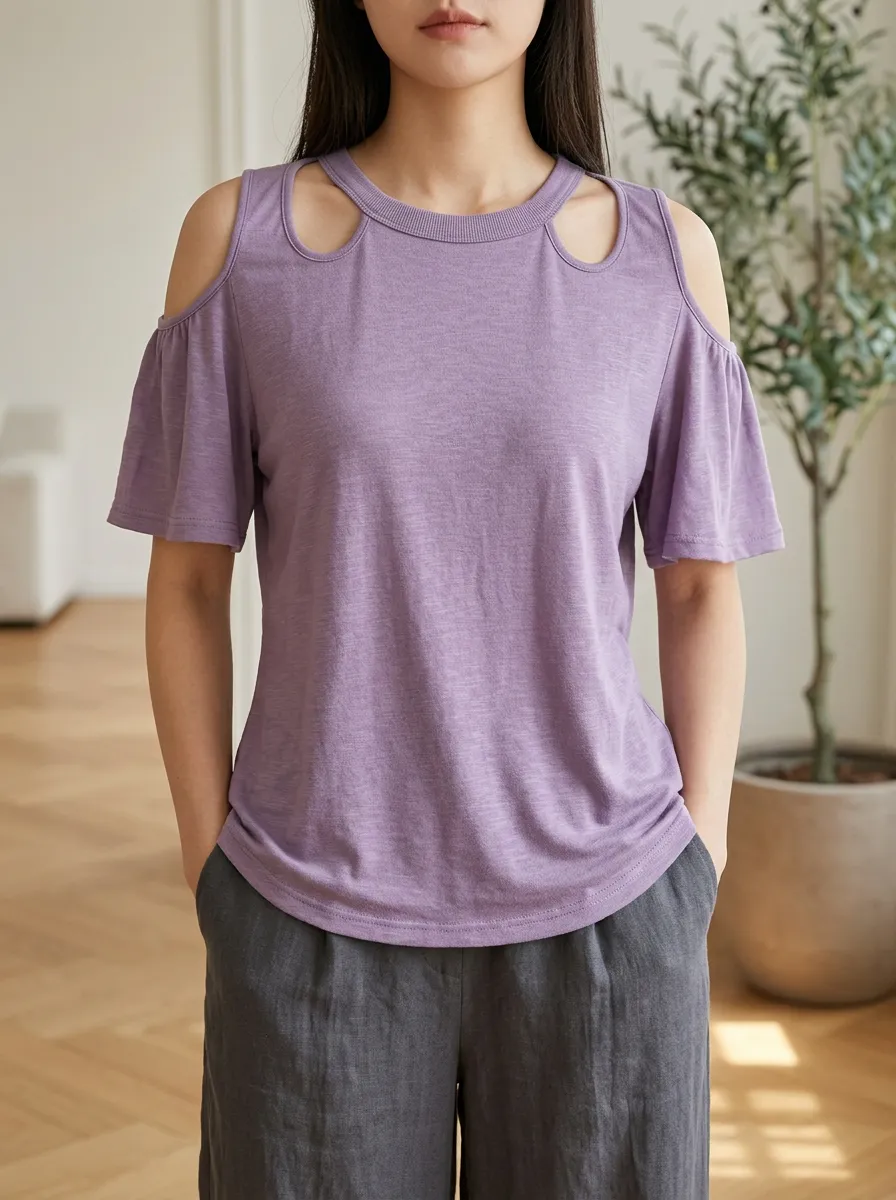 Women's Casual Purple Cold Shoulder Short Sleeve Top