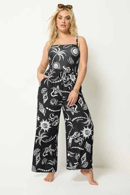 Black Summer Print Crinkle Beachwear Wide Leg Trousers