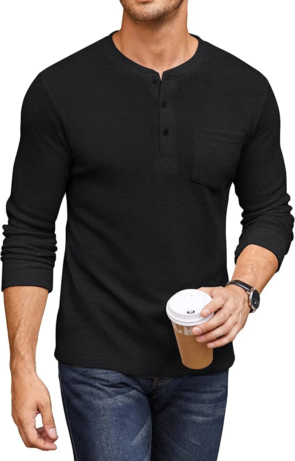 Basic Waffle Pullover Long Sleeve T-Shirt Hoodie