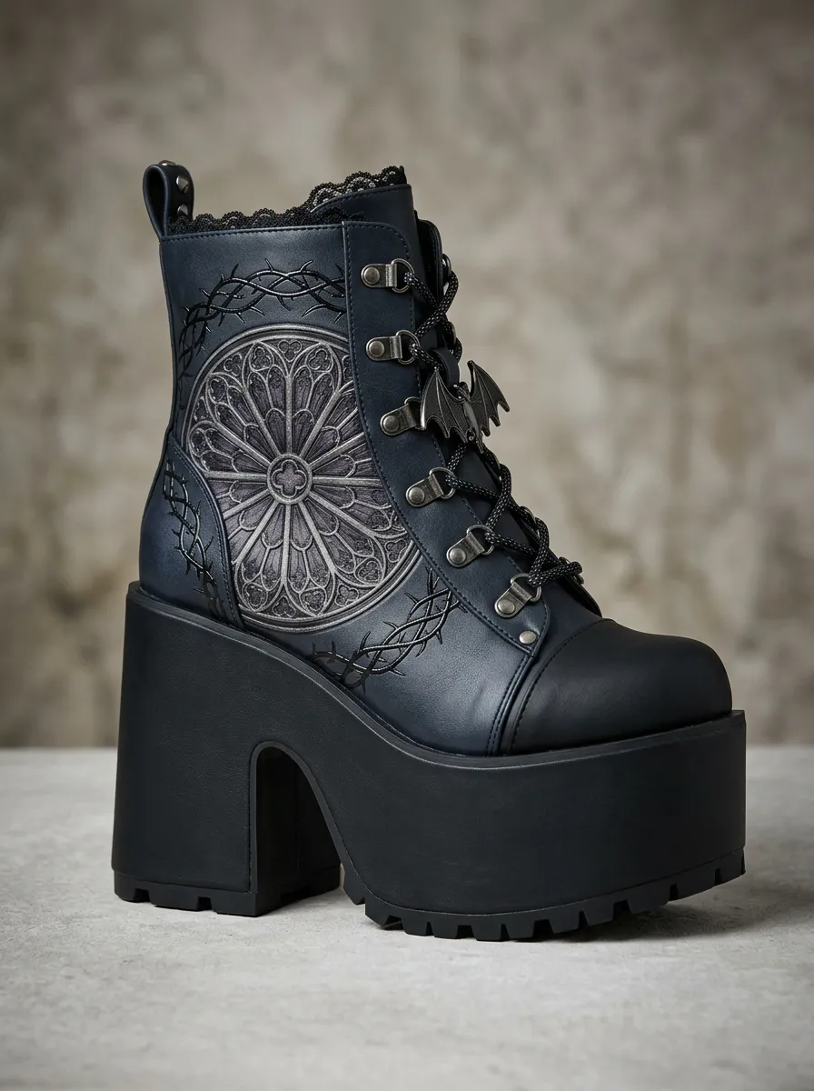 Darkwave Bat Rose Style Women's Gothic Platform Boots