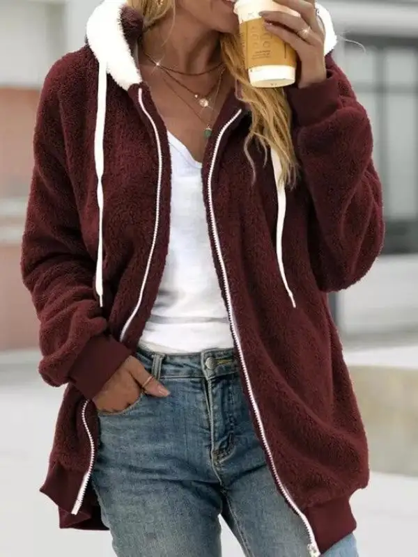 Zipper Up Drawstring Hooded Loose Plush Jacket（⚡Clearance Sale）