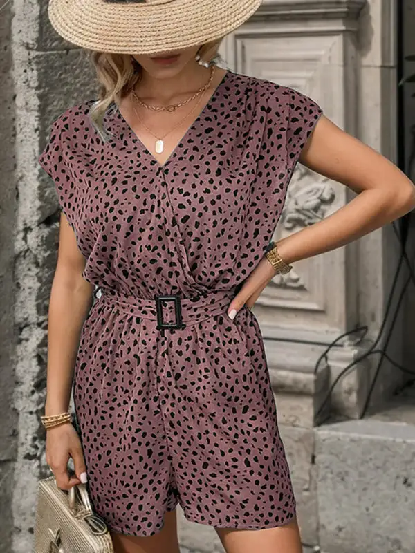 Leopard Print Jumpsuit V Neck Commuter Shorts