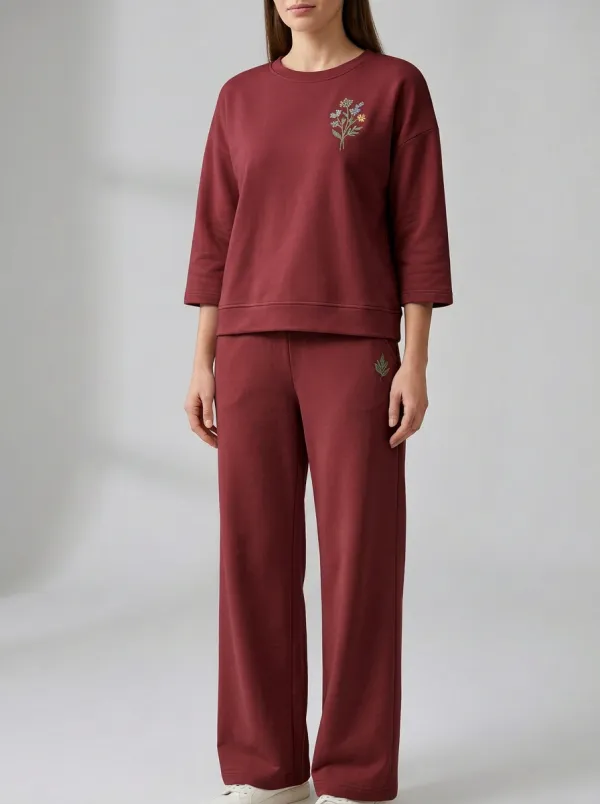 Women's Floral Embroidered Three-Quarter-Sleeve Crewneck Top And Wide-Leg Trouser Lounge Set