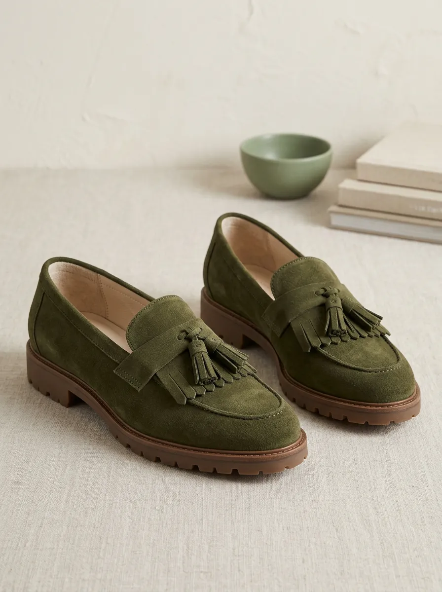 Unisex Olive Green Suede Tassel Lug Sole Loafers