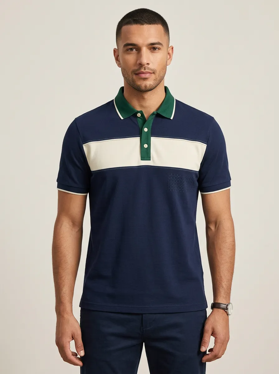 Men's Colorblock Grid Pattern Embroidered Polo Shirt
