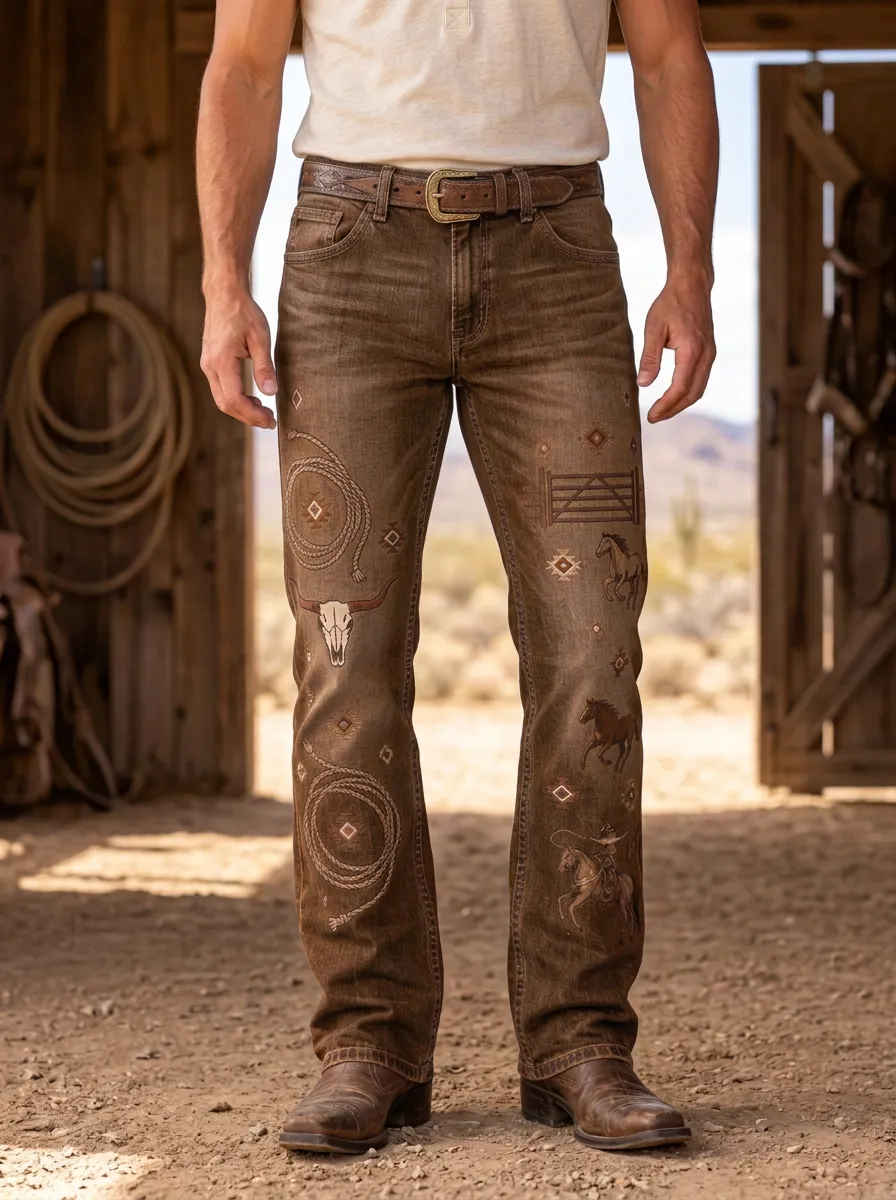 Men's Heritage Inspired Western Cowboy Horse Lasso Skull Jeans