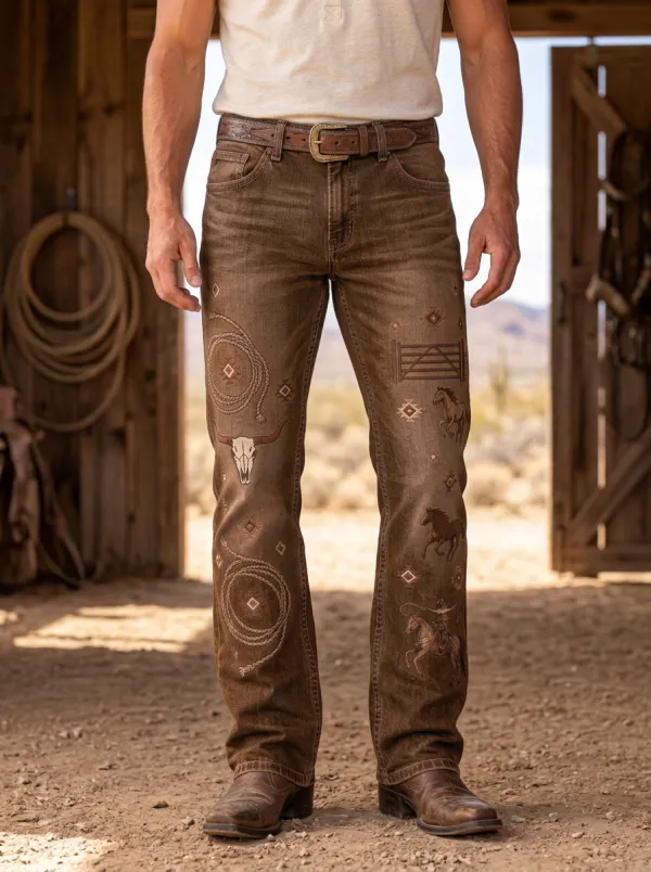 Men's Heritage Inspired Western Cowboy Horse Lasso Skull Jeans