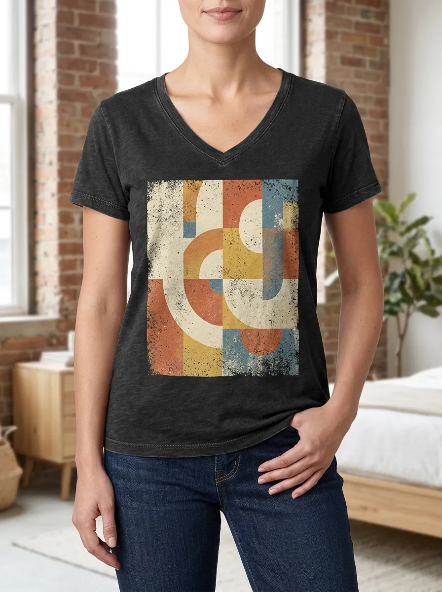 Women's Groovy Retro Geometric Abstract V-Neck T-Shirt
