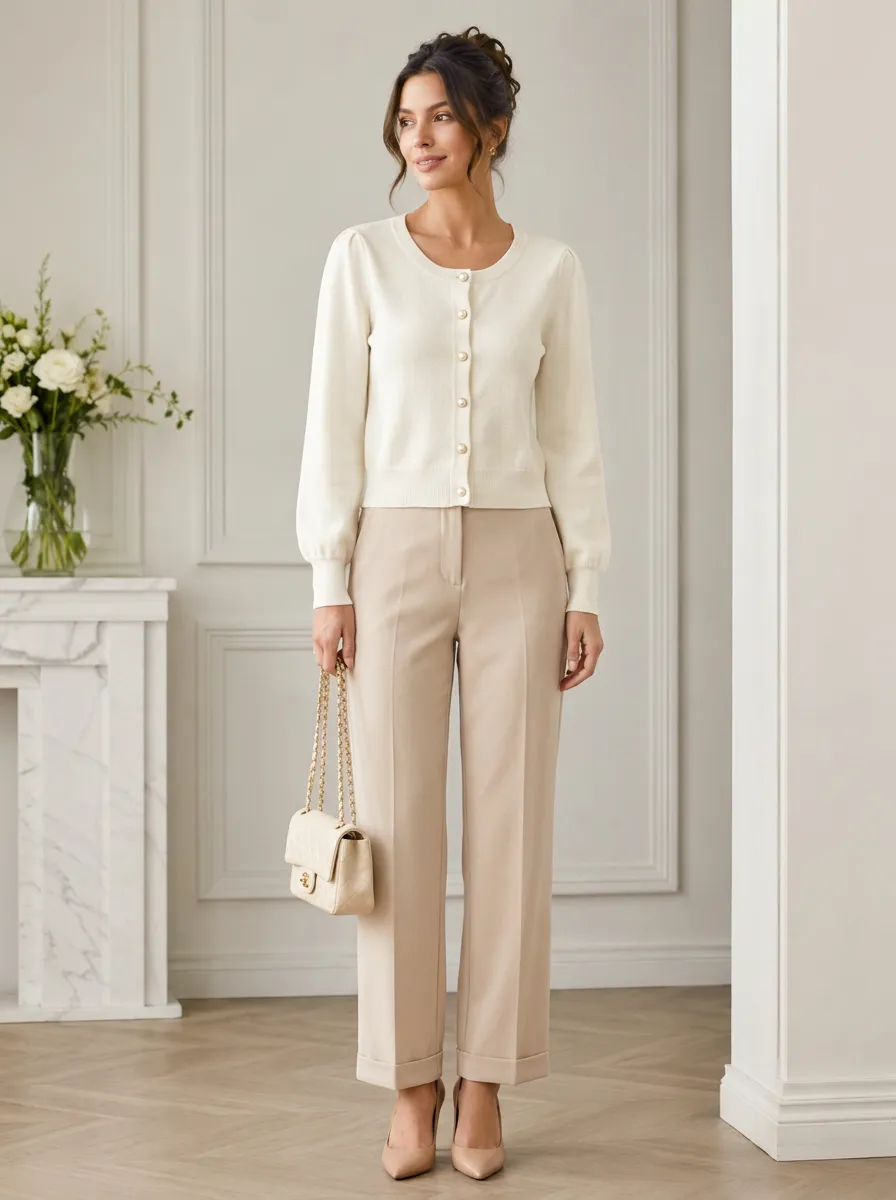 Women's Elegant Pearl Button Cream Knitted Cardigan Top