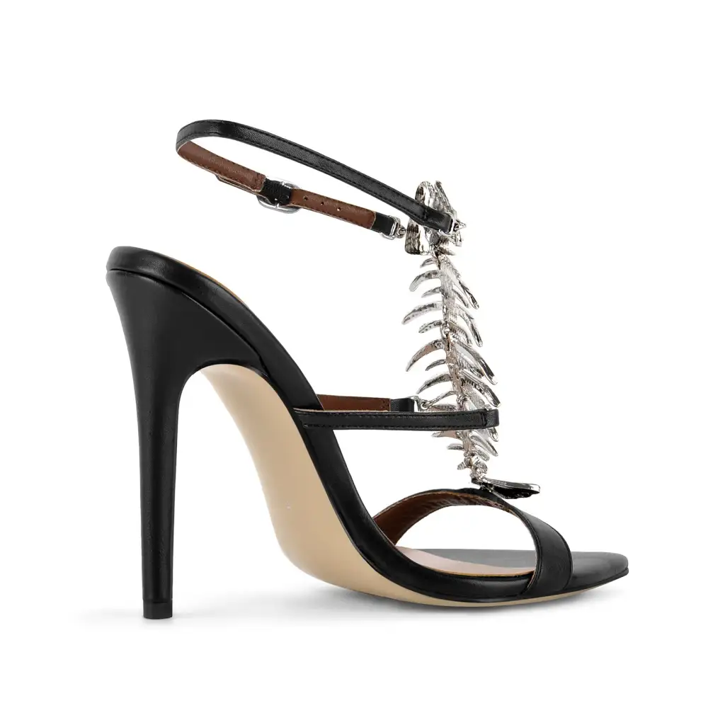 Pointed Toe Metal Fishbone Rhinestone Ankle Strap Sandals