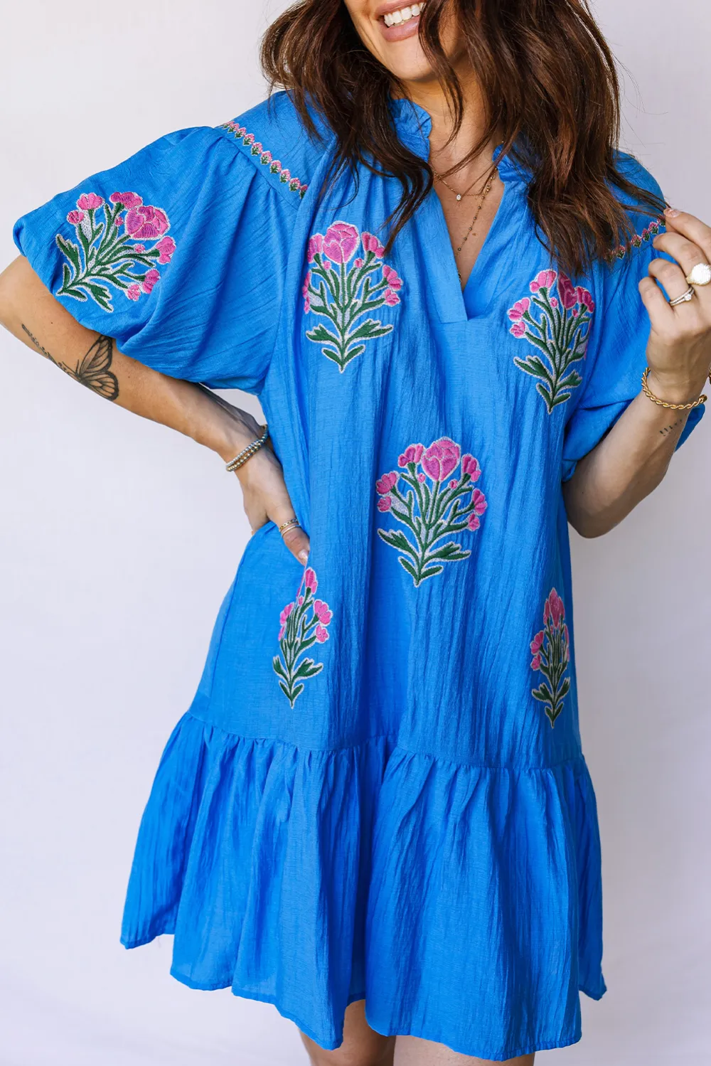 Blue Embroidered Ruffle Hem Dress