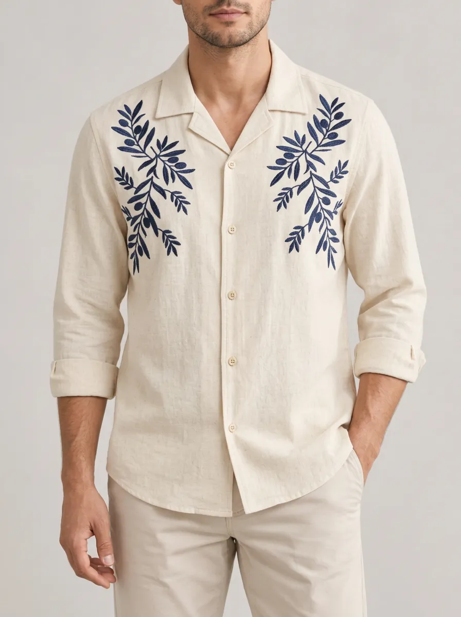 Men's Artisan Inspired Branch Embroidered Linen Shirt