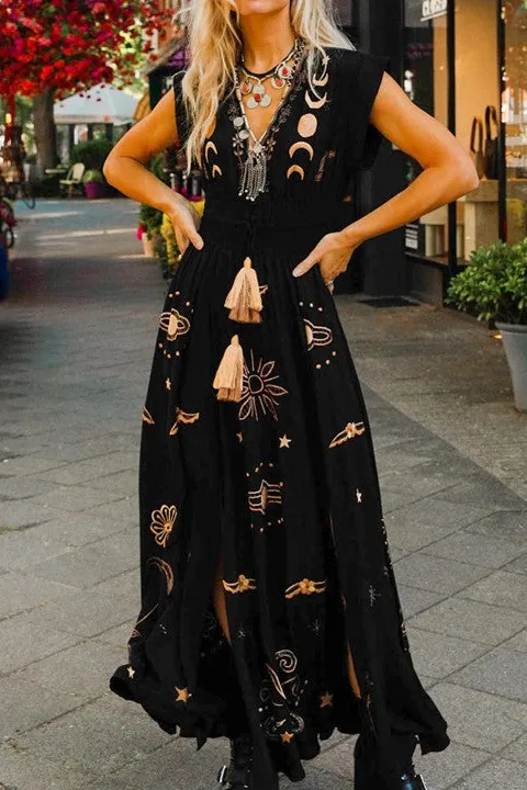 Women's Black Celestial Print Maxi Gown
