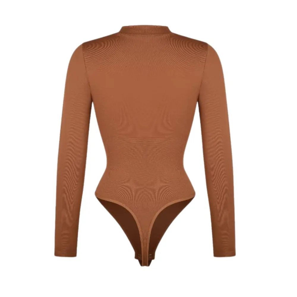 Zip Front Long Sleeve Thong Bodysuit
